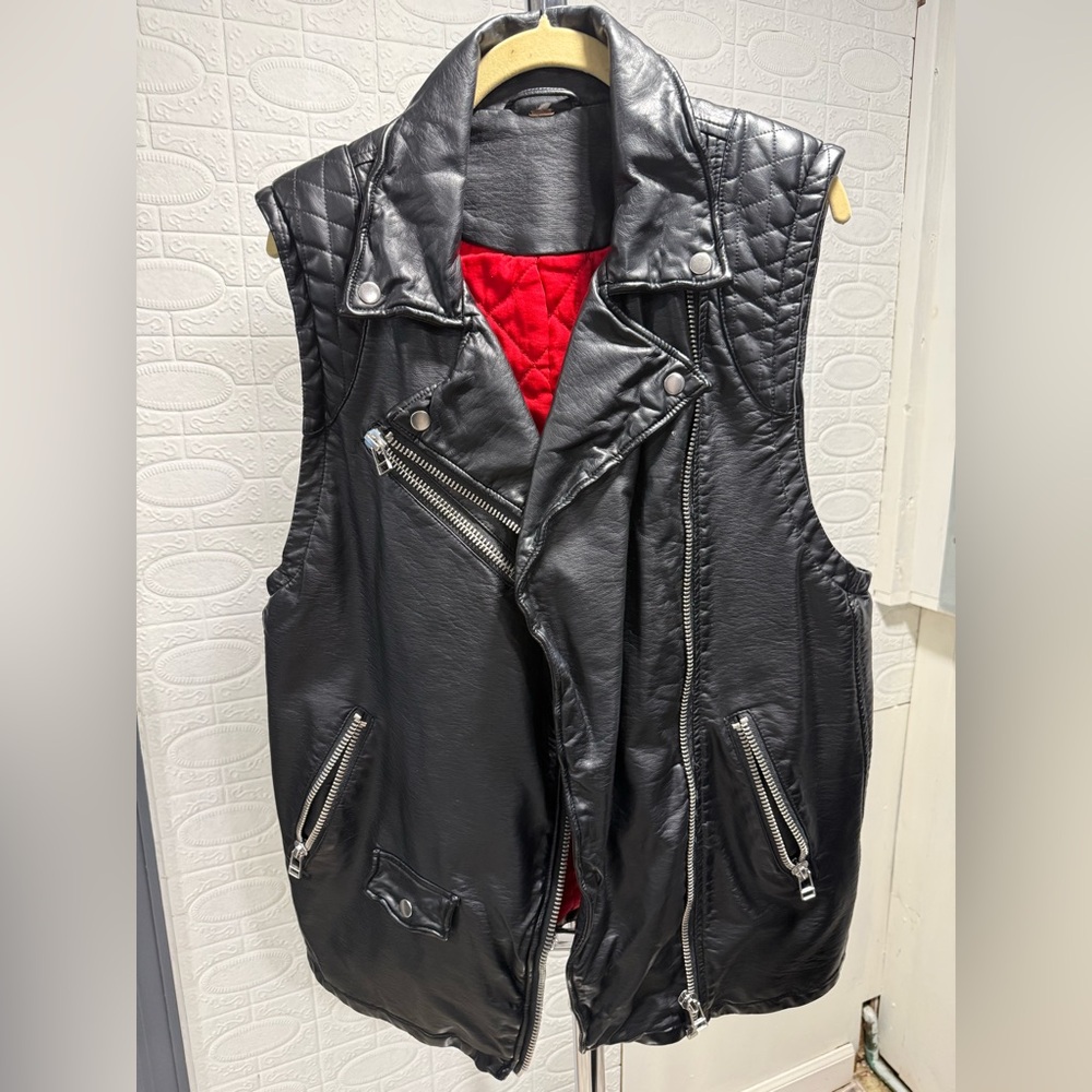 Sleeveless Black Quilted Faux Leather Moto Vest with Red Lining